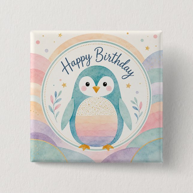 Chapa Cuadrada Celebración de Cumpleaños Pingüino Pastel Arcoíris (Anverso)