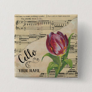 Chapa Cuadrada Cello Tulip Vintage Sheet Music Personalizado