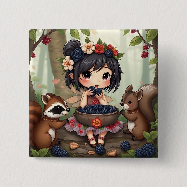 Chapa Cuadrada Chibi Fairy Eating Blackberries with Forest Friend (Anverso)