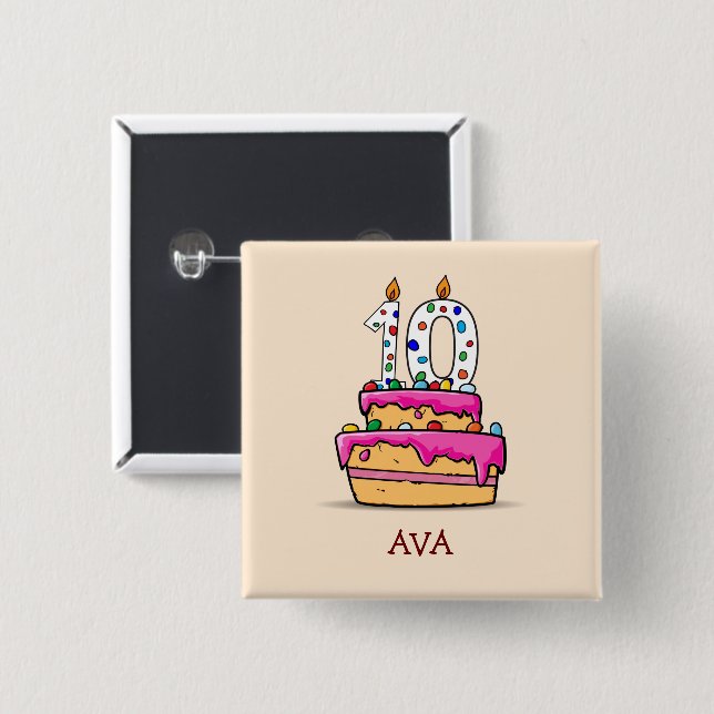 Chapa Cuadrada Chica 10 cumpleaños, 10 con pastel de rosa dulce (Anverso y reverso)