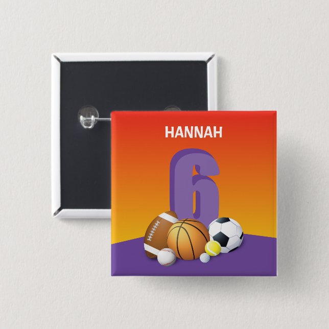 Chapa Cuadrada Chica 6ª Bolas Deportivas de Cumpleaños (Anverso y reverso)