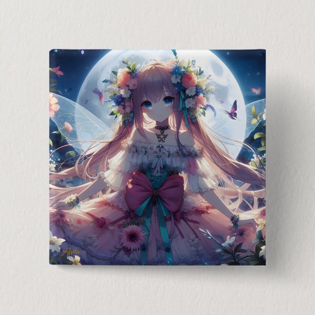 Chapa Cuadrada Chica Anime Flor Luna Hada (Anverso)