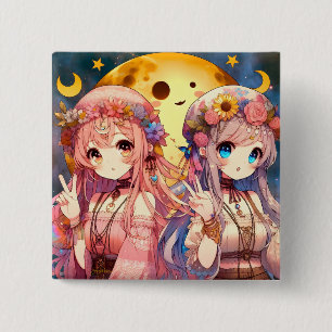 Chapa Cuadrada Chica Anime Hippie Luna Chicas Dando Signo de Paz