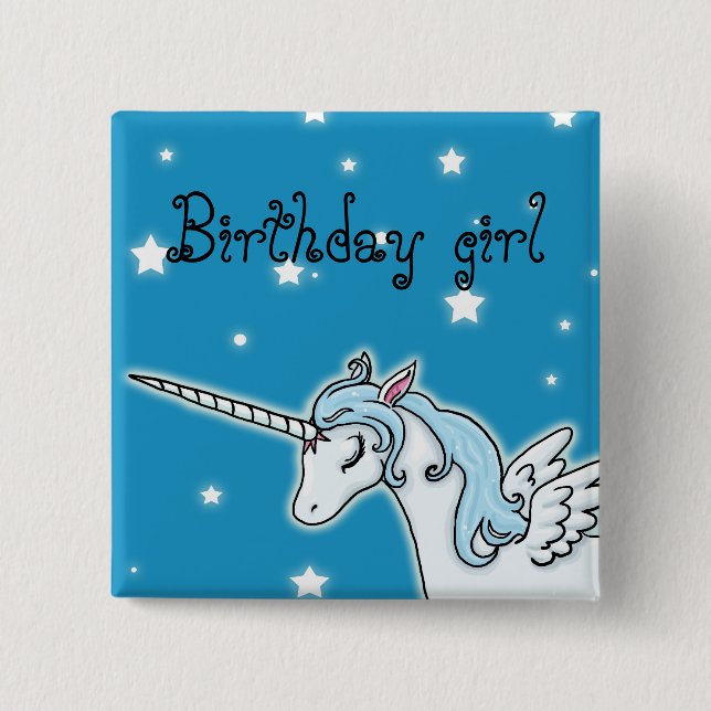 Chapa Cuadrada Chica azul y blanco del cumpleaños del unicornio (Anverso)