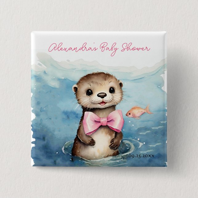 Chapa Cuadrada Chica Baby Otter Baby Shower (Anverso)