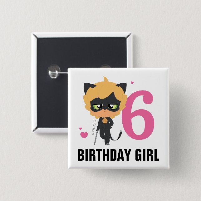 Chapa Cuadrada Chica de cumpleaños milagroso Cat Noir Chibi (Anverso y reverso)