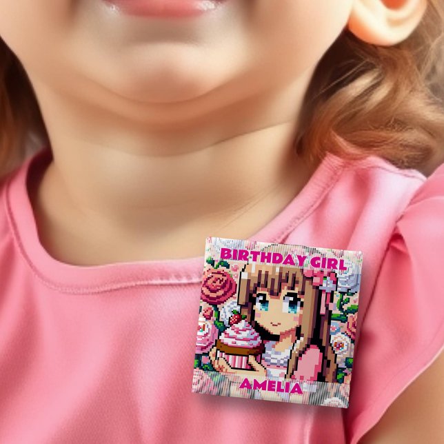 Chapa Cuadrada Chica de cumpleaños rosado del Chica de arte de Pi (Subido por el creador)