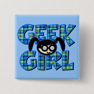 Chapa Cuadrada Chica Geek de Blue Plaid con gráfico
