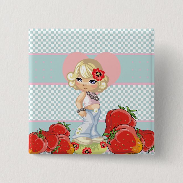 Chapa Cuadrada chica Kawaii con fresas muy lindo (Anverso)