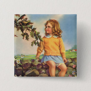 Chapa Cuadrada Chica Vintage Observando Pájaros en un Árbol, Prim