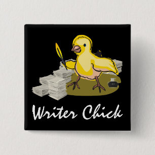 Chapa Cuadrada Chick escritor con papel, píldora de plumas y tint