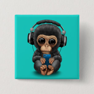Chapa Cuadrada Chimpancé del bebé con los auriculares y el