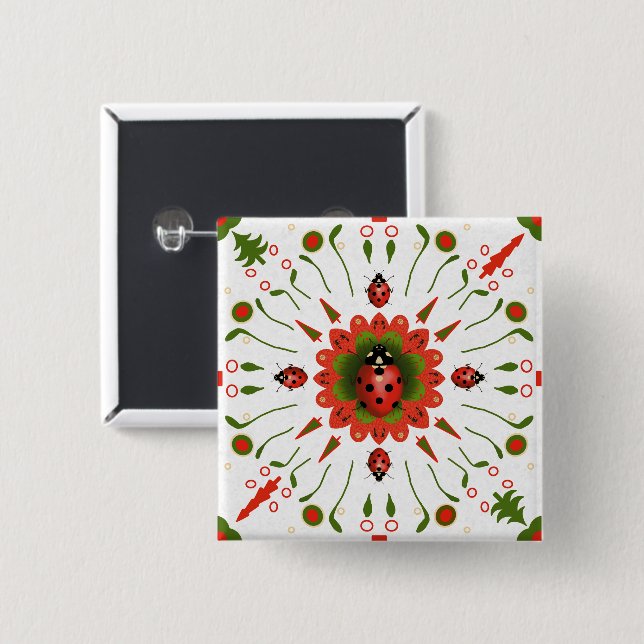 Chapa Cuadrada Christmas Ladybug Red White Green Hand-drawn (Anverso y reverso)