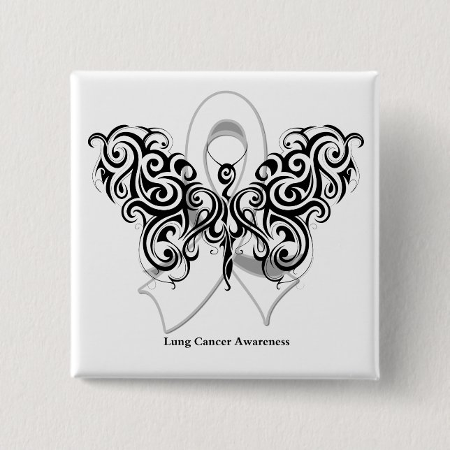 Chapa Cuadrada Cinta de mariposa tribal de cáncer de pulmón (Anverso)
