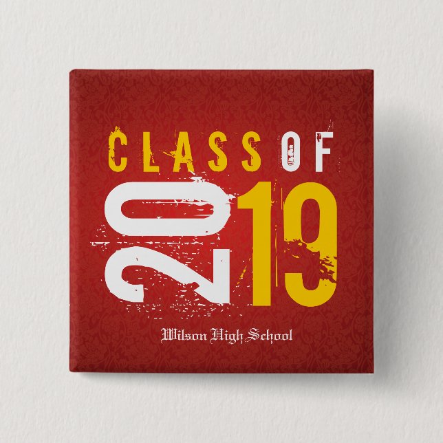 Chapa Cuadrada Clase artística roja y amarilla de graduación 2019 (Anverso)