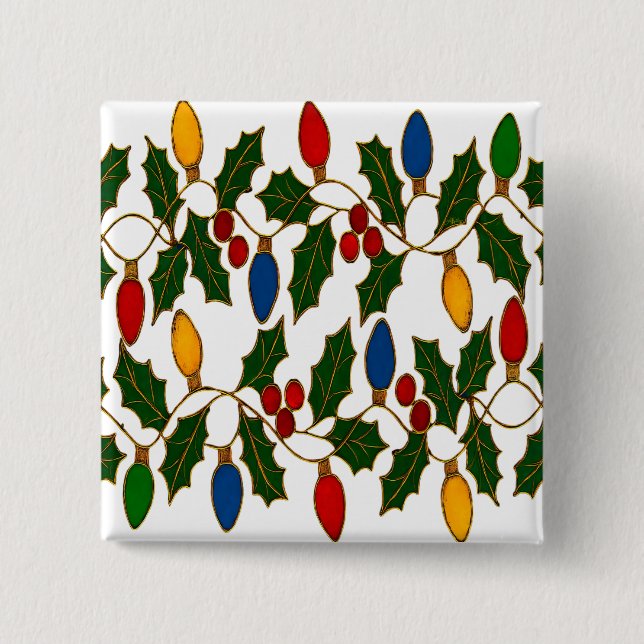 Chapa Cuadrada Cloisonne Art Christmas Lights and Holly (Anverso)