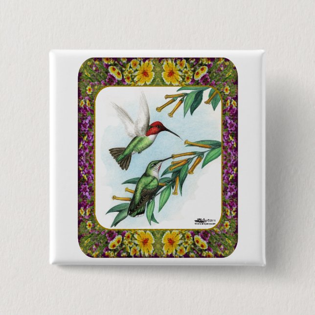 Chapa Cuadrada Colibríes y Flores #4 (Anverso)