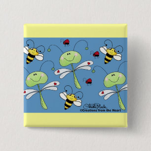 Chapa Cuadrada Collage de Dragonflies, Bebidas y Ladybugs