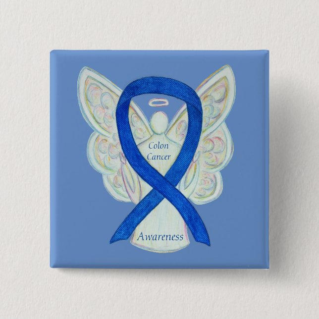 Chapa Cuadrada Colon Cancer Angel Blue Awareness Ribbon Art Pin (Anverso)