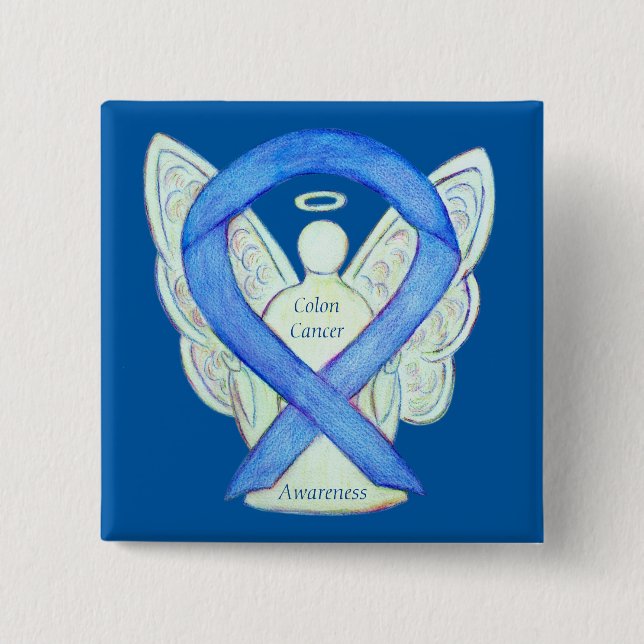 Chapa Cuadrada Colon Cancer Angel Blue Awareness Ribbon Art Pin (Anverso)