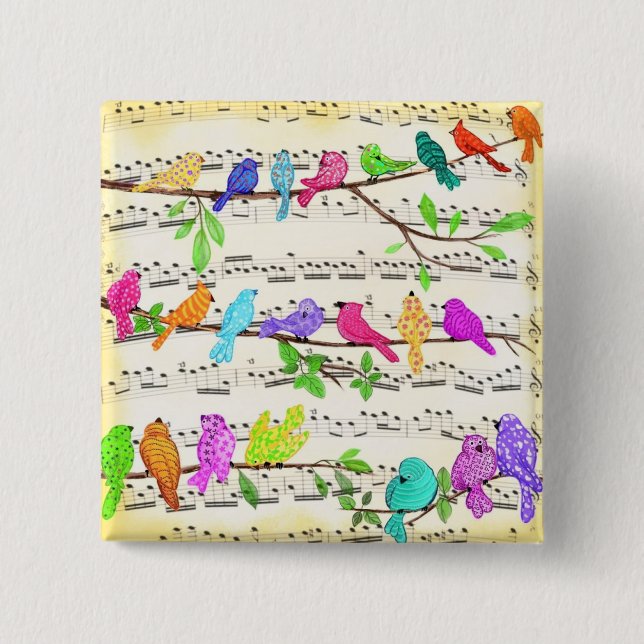 Chapa Cuadrada Colorful Musical Birds Symphony Button Happy Song  (Anverso)