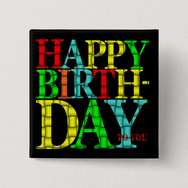 Chapa Cuadrada Colorido Happy Birday Text con fondo negro (Anverso)
