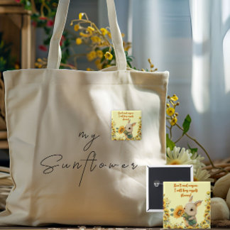 Chapa cuadrada | Conejo Cute Holding Sunflower