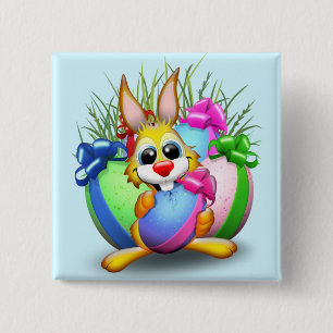 Chapa Cuadrada Conejo divertido mordiendo un huevo de Pascua