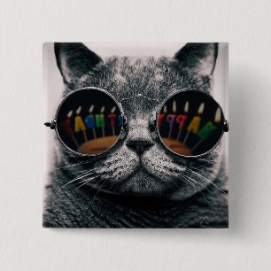 Chapa Cuadrada Cool Cat   Button   Happy Birthday Cat