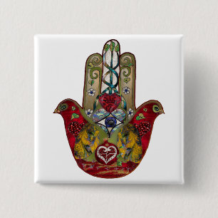 Chapa Cuadrada Corazón de Granada Rojo de Pájaro Hamsa Rubí