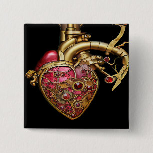 Chapa Cuadrada Corazón Steampunk Anatómico Rubíes y Engranajes