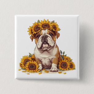 Chapa Cuadrada Corona de girasoles de Bulldog Inglés