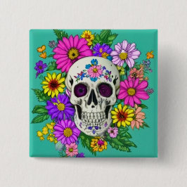 Chapa Cuadrada cráneo colorido con flores