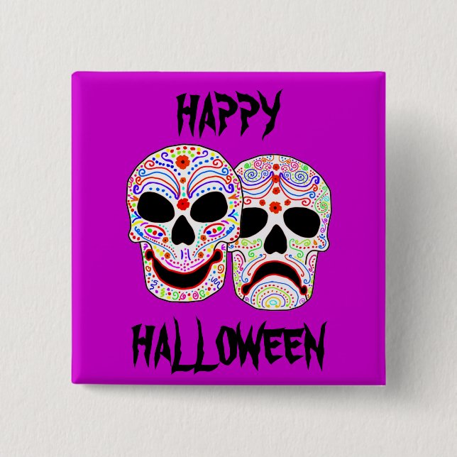 Chapa Cuadrada Cráneos de la Comedia-Tragedia de Halloween DOTD (Anverso)