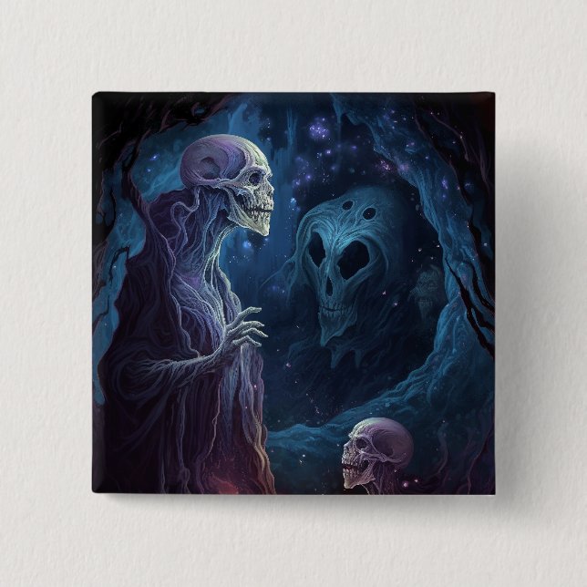 Chapa Cuadrada Criaturas de esqueleto sin muerte arte de terror (Anverso)