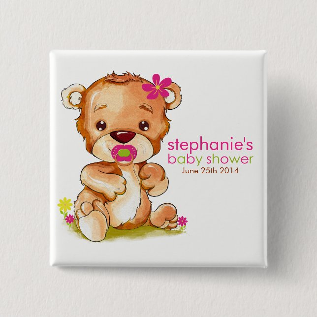 Chapa Cuadrada Cuidada acuarela Bear Chica Baby Shower (Anverso)
