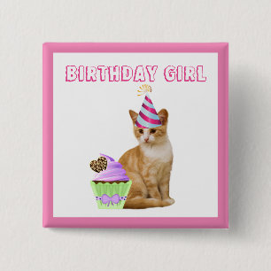 Chapa Cuadrada Cumpleañera Linda con Gatito