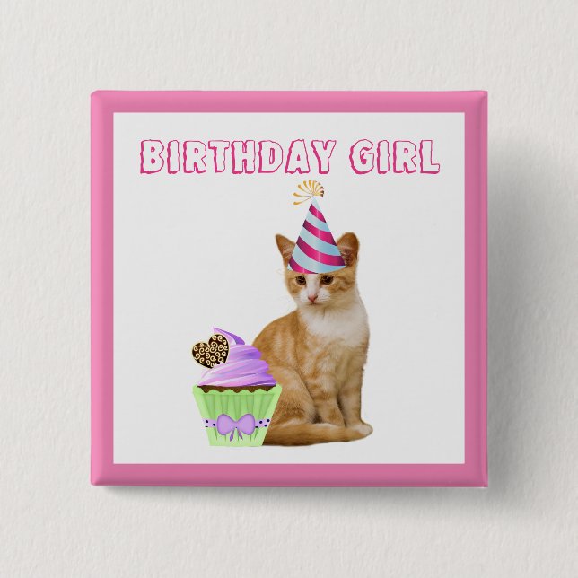 Chapa Cuadrada Cumpleañera Linda con Gatito (Anverso)