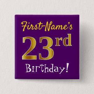 Chapa Cuadrada Cumpleaños 23 Morado, Dorado Falso, Con Nombre Per