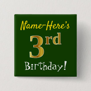 Chapa Cuadrada Cumpleaños 3º, Oro Falso con Nombre Personalizado 