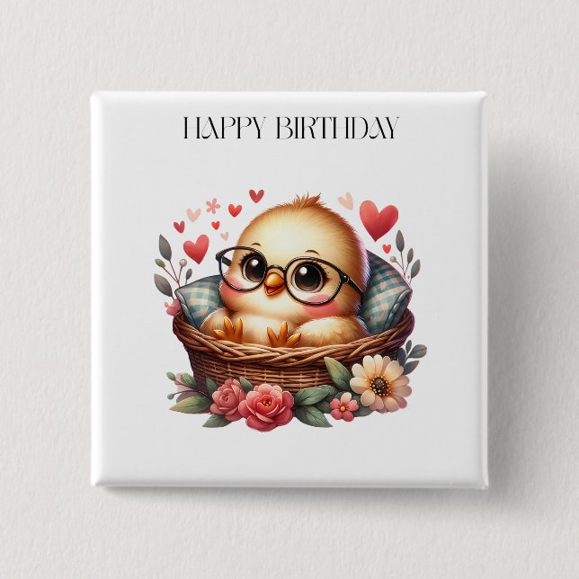 Chapa Cuadrada Cumpleaños de Pollita Inteligente (Anverso)