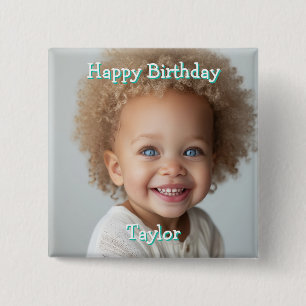 Chapa Cuadrada Cumpleaños Feliz Personalizado con Nombre y Foto