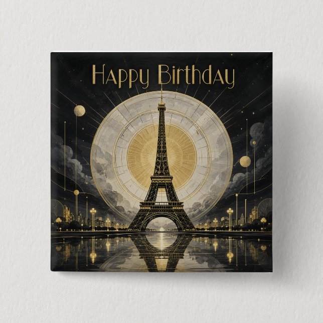 Chapa Cuadrada Cumpleaños París Torre Eiffel Deco Dorado (Anverso)