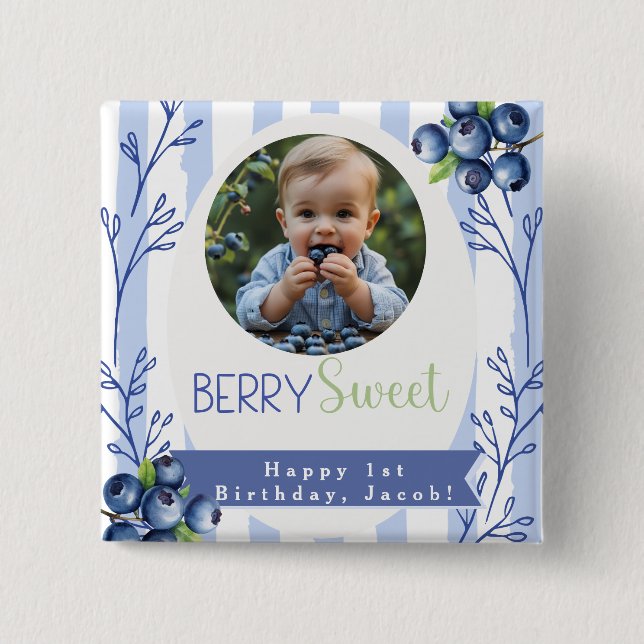 Chapa Cuadrada Custom  Berry Sweet Birthday photo Button (Anverso)
