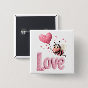 Chapa Cuadrada Cute Bee Fluffy Pink Love Heart Balloon