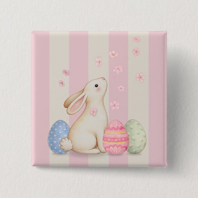 Chapa Cuadrada Cute Bunny Easter Eggs and Pink Stripes Button (Anverso)