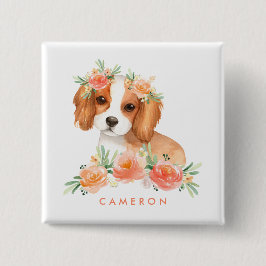 Chapa Cuadrada Cute Cavalier King Charles Spaniel Naranja Floral