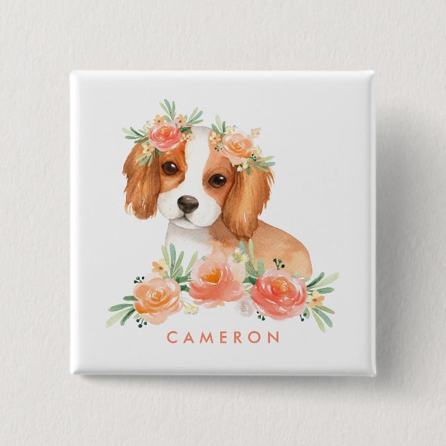 Chapa Cuadrada Cute Cavalier King Charles Spaniel Naranja Floral (Anverso)