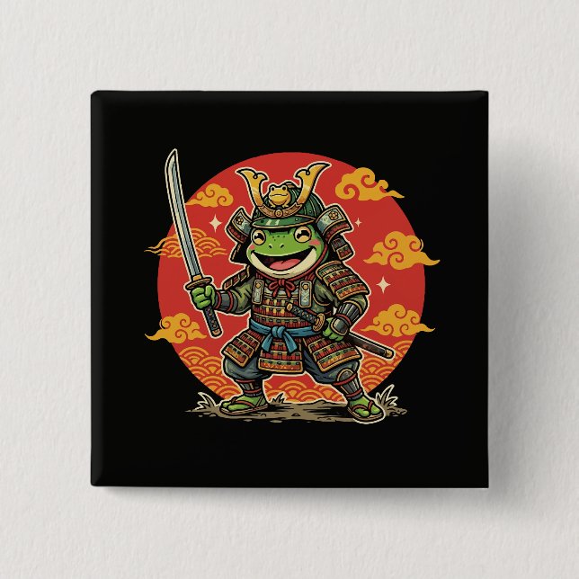 Chapa Cuadrada Cute Frog Samurai Cartoon Animal Warrior Design (Anverso)