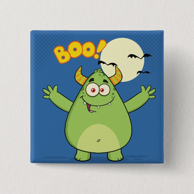 Chapa Cuadrada Cute Green Monster Halloween Boo (Anverso)